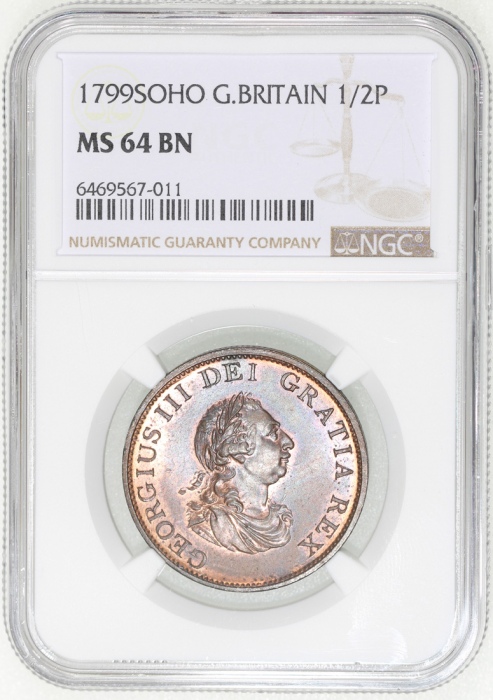  1799年英国1/2便士铜币，NGC MS64BN