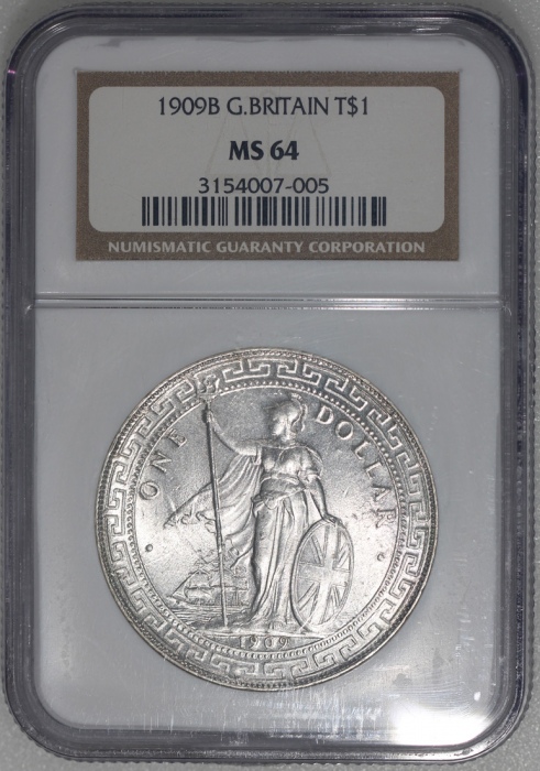  1909-B英国贸易银元，带原光，NGC MS64，#3154007-005