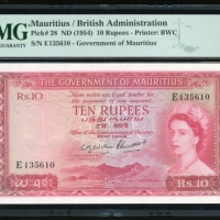  1954年毛里求斯10卢比，编号 E135610，PMG 67EPQ，PMG评级最高分，罕有