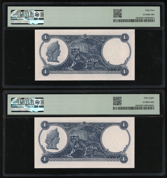  1919年海峡殖民地1元2枚连号，编号 J/37 09855-6，PMG 55及58