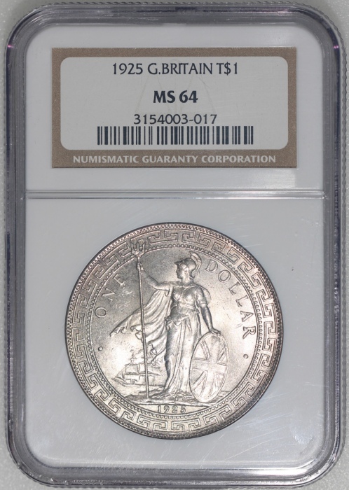  1925年英国贸易银元，NGC MS64，#3154003-017