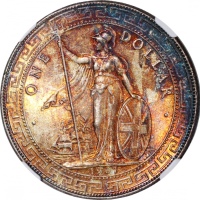  1907-B英国贸易银元，右边边缘带蓝光包浆，NGC MS64，#6375052-022