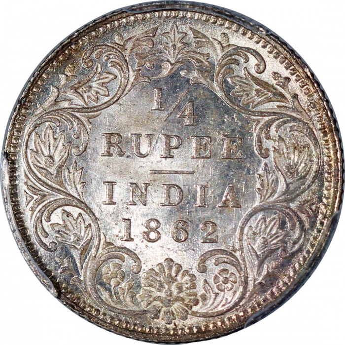  1862C年印度1/4卢比银币，PCGS MS63