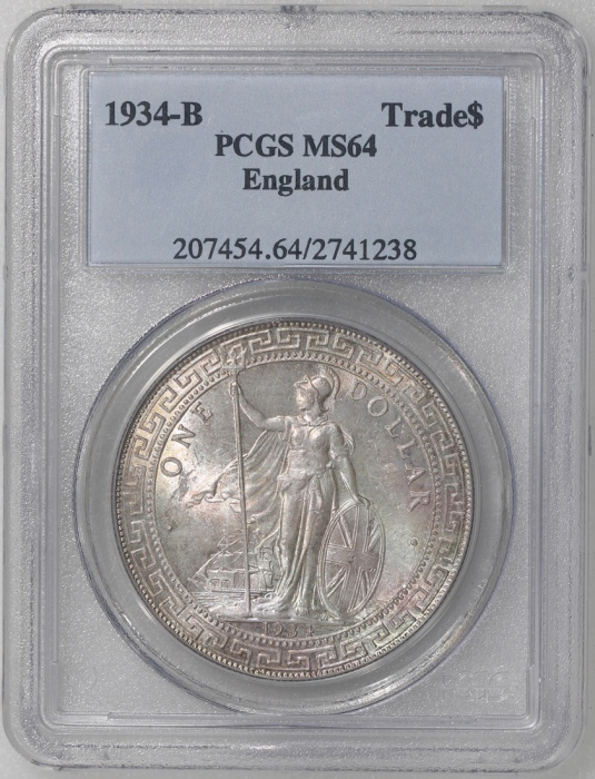  1934-B英国贸易银元，PCGS MS64，# 2741238，重要年份