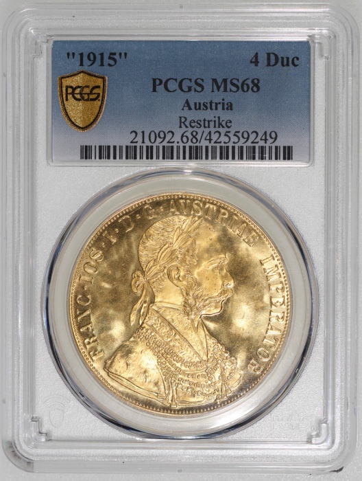  1915年奥地利4达克特金币，后铸版, 含金量0.4427安士, PCGS MS68
