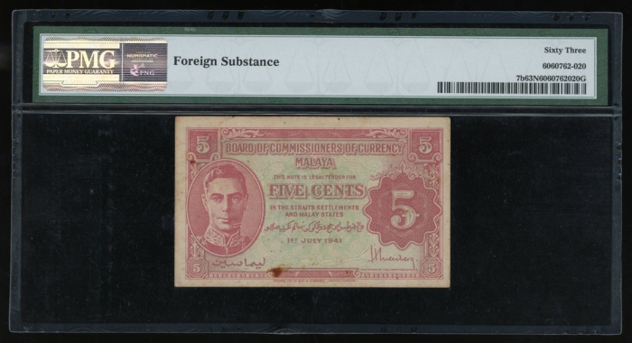  1941年马来亚伍分，错体票，PMG63NET, 有外附物 Malaya, 5 cents, 1941, printing error, red-brown on light green, Georg