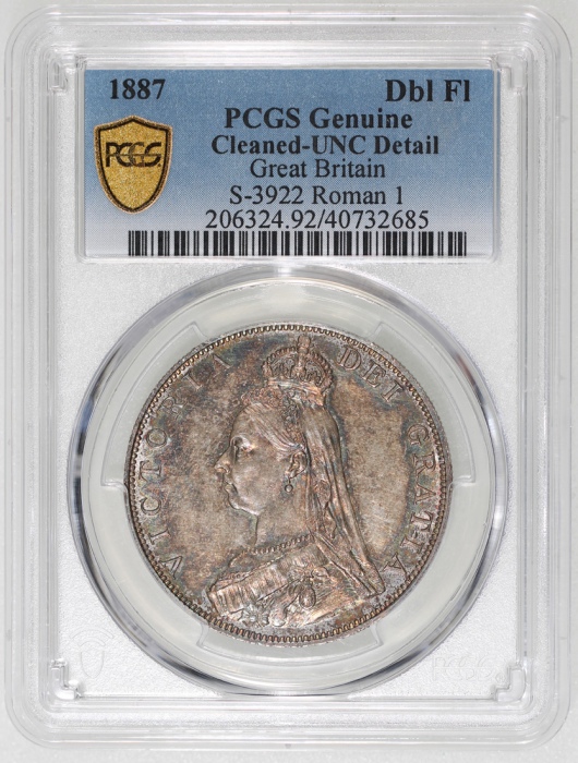 1887年英国2弗罗林银币，PCGS UNC Detail有清洗，#40732685 Great Britain, silver 2 florins, 1887, Jubilee Head of Qu
