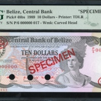  1989年贝里斯拾圆样票，编号P/6 000000，PMG66EPQ Central Bank of Belize, specimen $10, 1989, serial number P/6 000