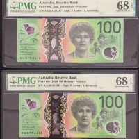  2020年澳大利亚一佰圆两枚连号，编号AA201454317-18，均PMG68EPQ（2） Australia, a consecutive pair of $100, 2020, polymer,