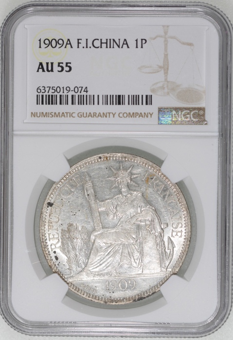  1909A法属安南贸易银元，NGC AU55，#6375019-074 French Indo China, silver piastre, 1909A, NGC AU55, cert. #63750