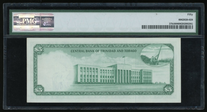  1964年千里达及托巴哥伍圆，编号M688105，PMG50 Trinida & Tobago, $5, 1964, serial number M688105, (Pick 27b), PMG 50