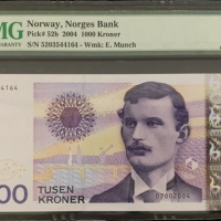  2004年挪威一仟克朗，编号5203544164，PMG63EPQ Norges Bank, Norway, 1000 kroner, 2004, serial number 5203544164, 
