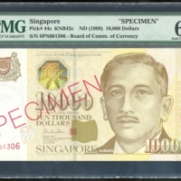  1999年新加坡一万圆样票，编号8PN001306，PMG65EPQ Singapore, specimen $10000, ND (1999), specimen, serial number 8P