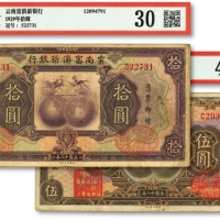  民国十八年（1929年）云南富滇新银行伍圆、拾圆共2枚不同，单字轨及无字轨，背盖“其命维新”之花押，七五至八成新