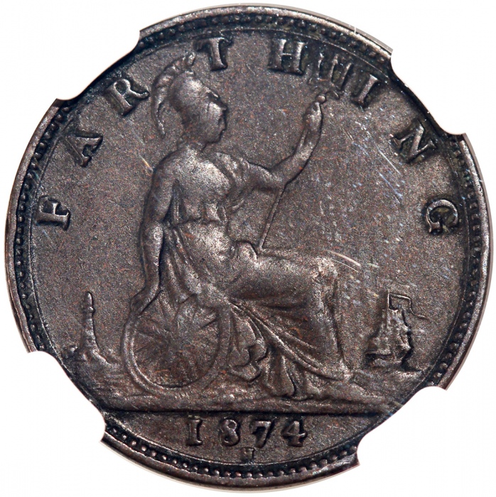  1874H英国1/4便士，G/G版别，NGC XF Details有清洗，#6463606-001 Great Britain, 1/4 penny, 1874H, G/G variety, NGC 