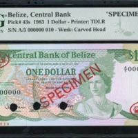  1983年贝里斯一圆样票，编号A/5 000000，PMG65EPQ Central Bank of Belize, specimen $1, 1983, serial number A/5 0000