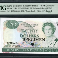  1985-89年纽西兰贰拾圆样票，编号TEN000000，PMG66EPQ, 少见 Reserve Bank of New Zealand, specimen $20, ND (1985-89), s