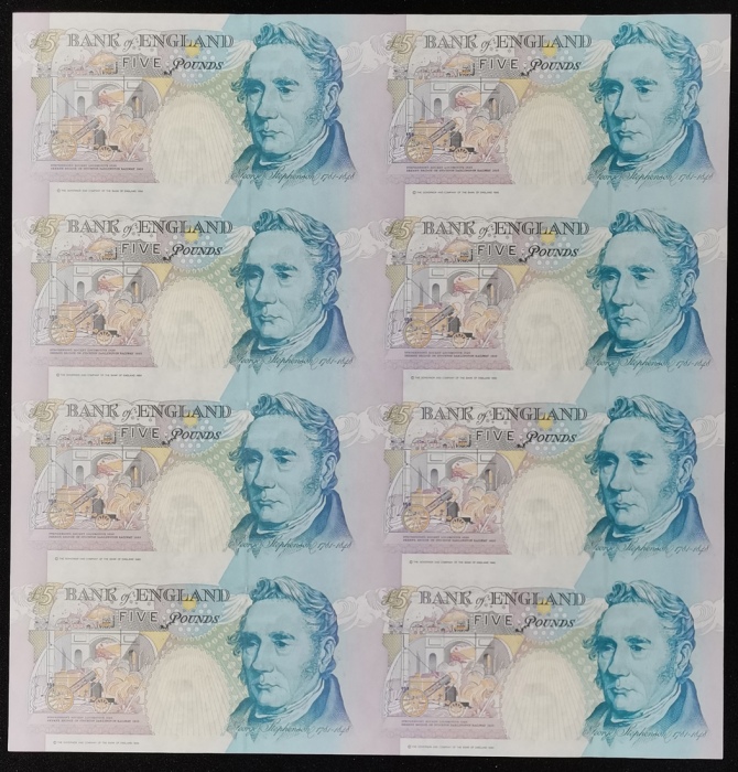  1990年英国伍镑八连体纪念钞，编号BJ25/26/27/28 089012，带原册，UNC Bank of England, uncut sheet of 8x £5, 1990, serial n