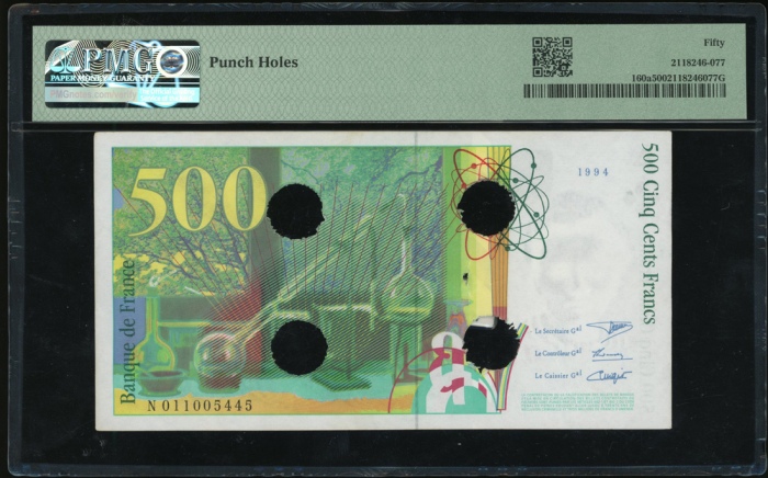  1994-95年法国伍佰法郎，编号N011005445，打洞註销，PMG61，少见 France, 500 francs, 1994-95, serial number N 011005445, ca