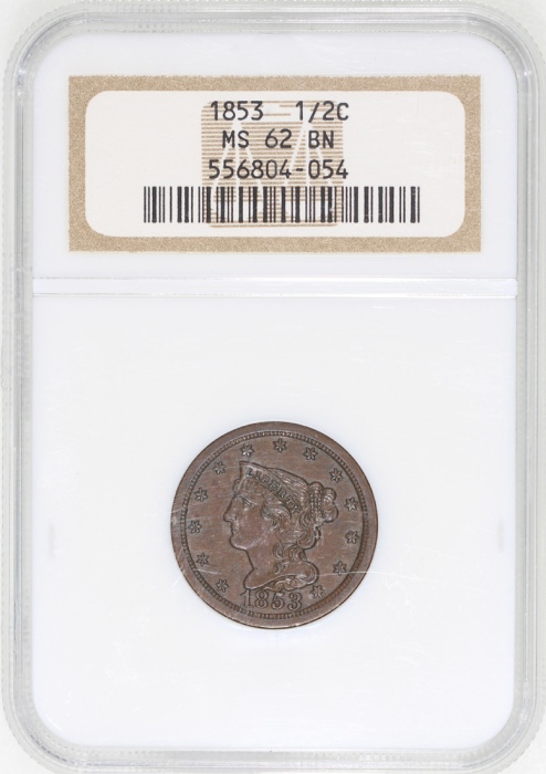  1853年美国1/2仙，NGC MS62BN，#556804-054 United States, 1/2 cent, 1853, NGC MS62BN, #556804-054.