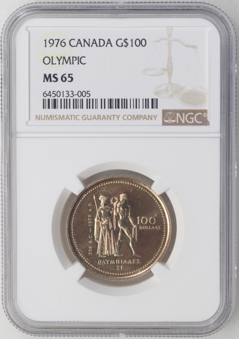  1976年加拿大奥运纪念金币100元，总含金量0.25安士，NGC MS65，#6450133-005 Canada, $100, gold, 1976, Olympics, 0.25oz AGW,N