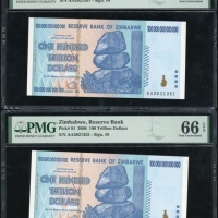  2008年辛巴威一佰兆圆两枚连号，编号AA3021351-2，均PMG66EPQ（2） Reserve Bank of Zimbabwe, consecutive pair 100 trillion 
