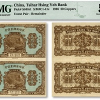  察哈尔兴业钱局当拾铜元贰拾枚共2枚联体钞，未完成券，纸张硬挺，纹路清晰，色彩明艳纯正，原汁原味，九五成新