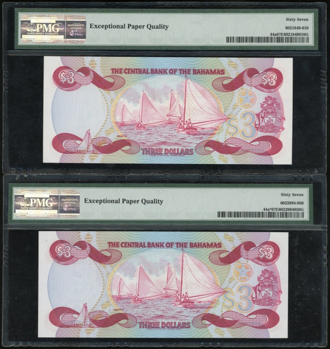  1984年巴哈马叁圆一组两枚，其中一枚為补号票，均PMG67EPQ（2） Bahamas, Central Bank, $3 (2), ND (1984), includes a replacemen
