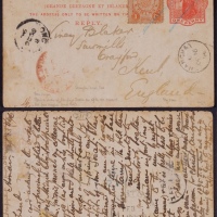  1896年河南寄英国国际回片，英国1便士邮资双片之回片，背盖上海1896年2月5日海关进口戳，天津2月11日蓝色海关中转戳，回片加贴万寿壹分银邮票一枚