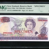  1985-89年纽西兰贰圆样票，编号ELA000000，PMG67EPQ, 少见 Reserve Bank of New Zealand, specimen $2, ND (1985-89), ser