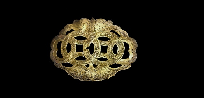  清银制福在眼前如意刻花鎏金锁片庆福裕记款 