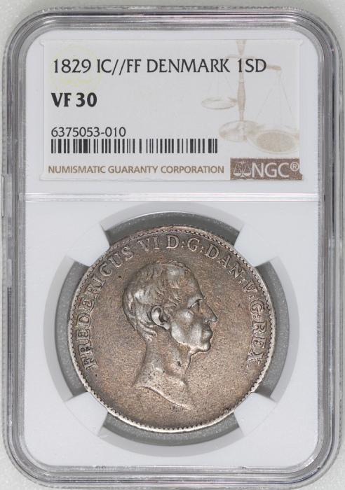  1829年丹麦银元，NGC VF30，#6375053-010 Denmark, silver 1 rigsdaler species, 1829, Frederiks VI on obverse, 