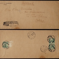  1927年观音堂寄北京挂号封，西式封正盖“R东川观音堂NO.（690）”英文挂号手填戳，背贴北京一版帆船3分三枚