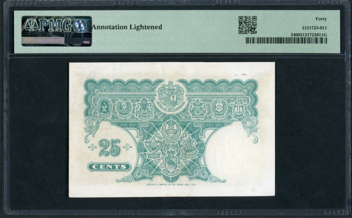  1940年马来亚贰角伍分，编号C663312，PMG40 Board of Commissioners of Currency, Malaya, 25 cents, 1940, serial numb