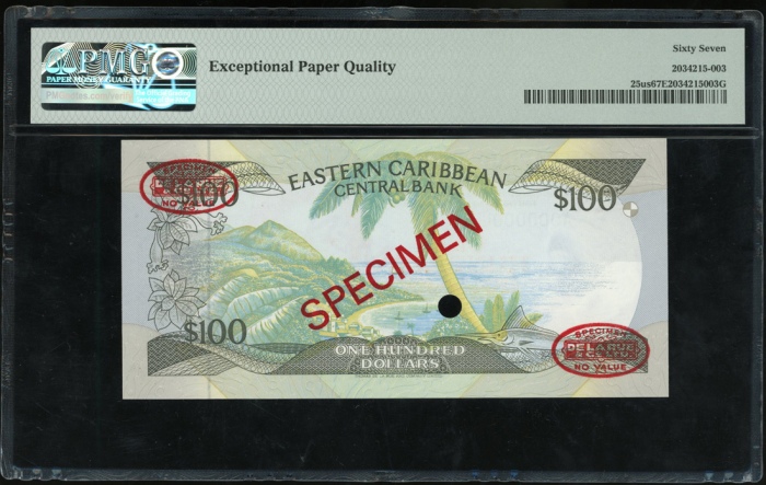  1988-93年东加勒比一佰圆样票，编号A000000U，PMG67EPQ Eastern Caribbean Central Bank, specimen $100, ND (1988-93), s
