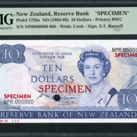  1985-89年纽西兰拾圆样票，编号NPR000000，PMG67EPQ, 少见 Reserve Bank of New Zealand, specimen $10, ND (1985-89), se