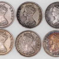  香港1毫6枚一组，包括1864，1865，1868，1889-H，1891及1901年，最后一枚带透打错体，AEF，1864年為少见年份 Hong Kong, a group of 6x 10 cen