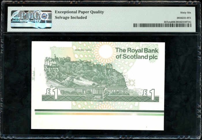  1994年苏格兰皇家银行一镑试色样票，无编号，PMG66EPQ，少见品种 Royal Bank of Scotland, colour trial £1, 1994, no serial number