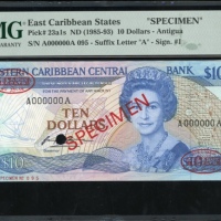  1985-83年东加勒比拾圆样票，编号A000000A，PMG67EPQ Eastern Caribbean Central Bank, specimen $10, ND (1985-93), ser