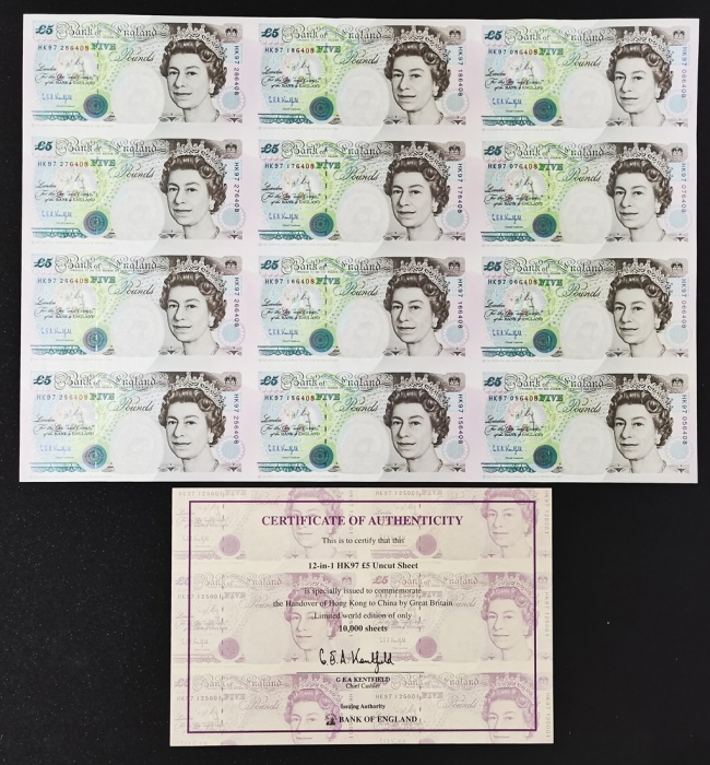  1997年英国伍镑十二枚连体纪念钞，HK97香港回归纪念，发行量10000册，均UNC Bank of England, Great Britain, a uncut sheet of 12 £5, 