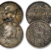  民国三年、十年袁世凯像壹圆银币共二枚，整体清晰，淡灰色及深酱彩包浆，状态自然，分别为金盾PCGS AU50、XF40（88103061、88102410）