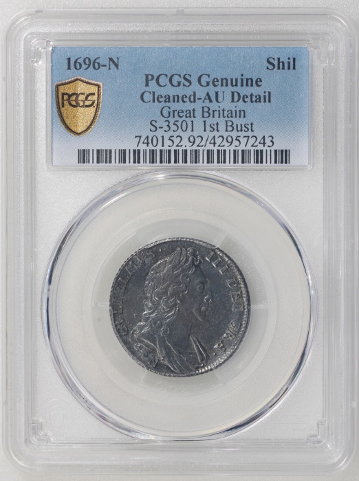 1696-N英国先令银币，威廉三世，PCGS AU Detail有清洗，#42957243 Great Britain, silver shilling, 1696-N, William III 1s