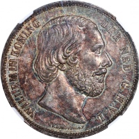  1862年荷兰2 1/2盾银币，吸引之泛蓝金调，NGC AU58，只得3枚评级纪录，仅得一枚获更高评分 Netherlands, William III, 2 1/2 gulden, 1862, NG