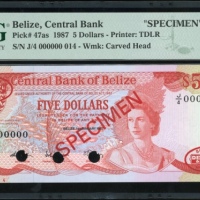  1987年贝里斯伍圆样票，编号J/4 000000，PMG67EPQ Central Bank of Belize, specimen $5, 1987, serial number J/4 0000