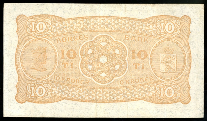  1924年挪威拾克朗，编号K7367597，GVF Norges Bank, Norway, 10 kroner, 1924, serial number K7367597, (Pick 8b), C