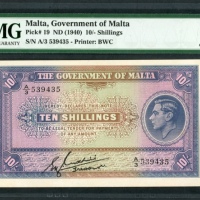  1940年马尔他拾先令，编号A/3 539435，PMG58 Government of Melta, 10 shillings, ND (1940), serial number A/3 53943