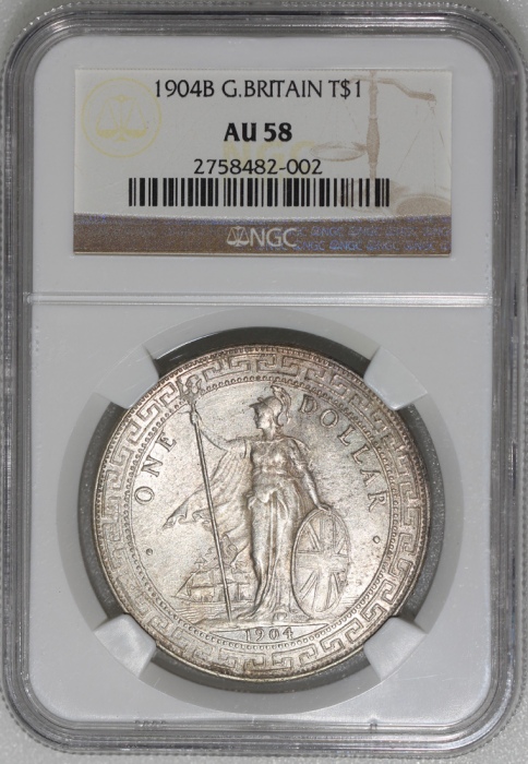  1904B英国贸易银元，NGC AU58，#2758482-002 Great Britain, Trade Dollar, silver $1, 1904B, NGC AU58. Cert.# 27