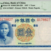  民国二十六年（1937年）中国银行壹圆，纸张纹理清晰，色彩浓艳明丽，九八成新（季军分）