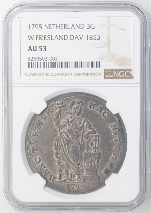 1795年荷兰西菲士兰3盾银币，NGC AU53，#6269502-002 Netherlands, West Friesland, silver 3 gulden, 1795, (Dav-1853)
