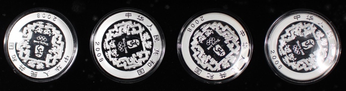 2008年中国北京奥运10元纪念银币4枚一套,各重1安士,均UNC,附原盒及证书,#133560, #133552, #132345及#125009,发行160000枚 2008年中国北京奥运10元纪念银币4枚一套,各重1安士,均UNC,附原盒及证书,#133560, #133552, #132345及#125009,发行160000枚